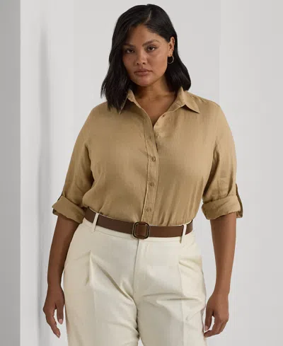 Lauren Ralph Lauren Plus Size Linen Roll-tab Sleeve Top In Birch Tan
