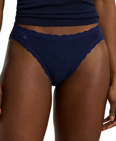 Lauren Ralph Lauren Women's Cotton & Lace Jersey Bikini Brief Underwear 4l0076 In Navy