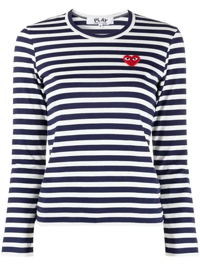 Comme Des Garçons Logo Striped Cotton T-shirt In Blue