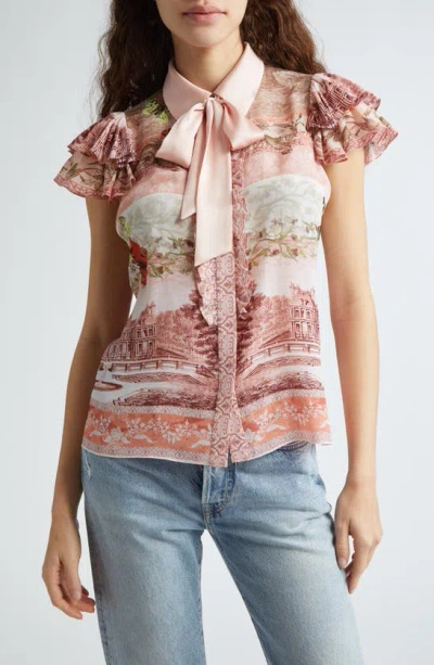 Alice And Olivia Minda Silk Ruffle Sleeve Blouse In Versaille