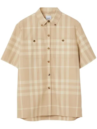 Burberry Short-sleeve Check Cotton Gabardine Shirt In Beige