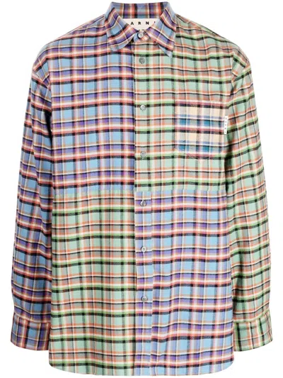 Marni Colour-block Checked Shirt In Purple