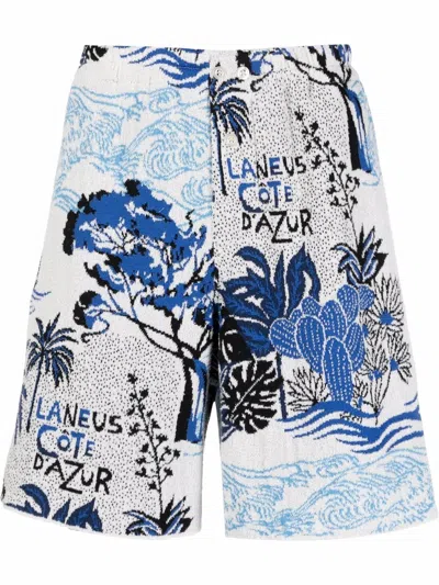 Laneus Côte D'azur-motif Elasticated-waist Bermuda Shorts In Blue