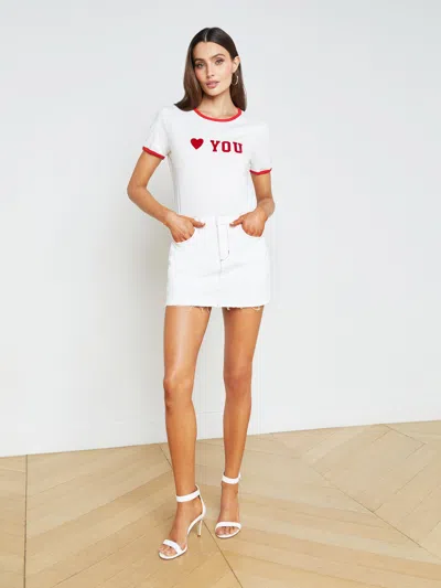 L Agence Paris Denim Mini Skirt In Blanc/scarlet Red Contrast
