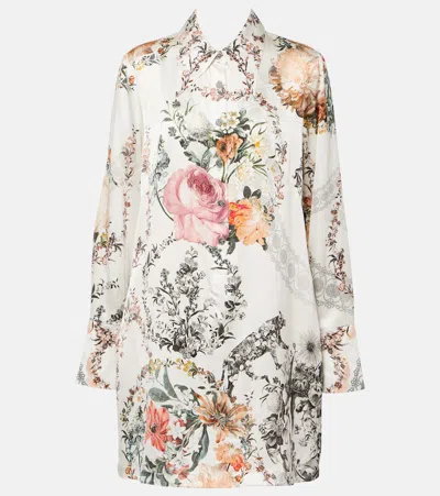Camilla Floral Silk Satin Shirt Dress In Burgundy