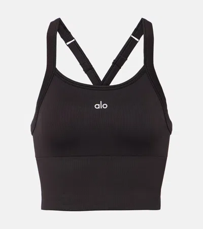 Alo Yoga Seamless Ribbed Logo Sports Bra In Black