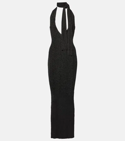 Aya Muse Scarf-detail Metallic Knit Maxi Dress In Black