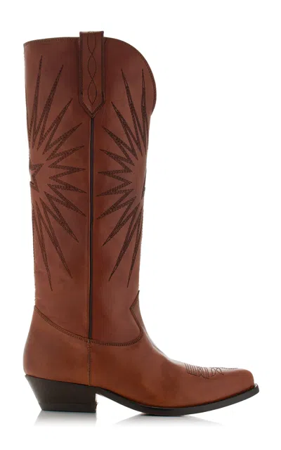 Golden Goose Wish Star Embroidered Leather Western Boots In Mahogany