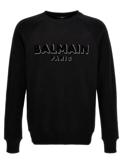 Balmain Flocked Logo Sweatshirt Black In Black,gold