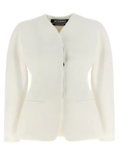Jacquemus La Veste Ovalo Cady Collarless Jacket In White