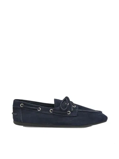 Miu Miu Logo-embossed Suede Loafers In Bleu