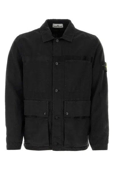 Stone Island Buttoned Collared Jacket In Black