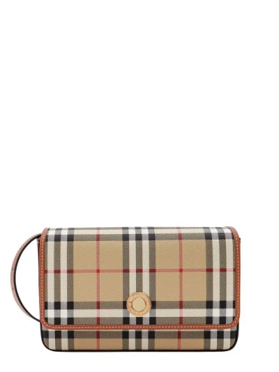 Burberry Coated Canvas And Leather Shoulder Bag With Check Motif In Brown