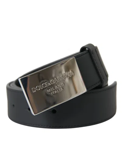 Dolce & Gabbana Black Leather Silver Square Metal Buckle Belt