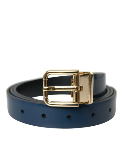 Dolce & Gabbana Blue Calf Leather Gold Metal Buckle Belt