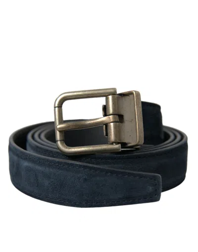 Dolce & Gabbana Blue Suede Leather Gold Metal Buckle Belt