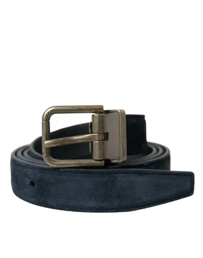 Dolce & Gabbana Blue Suede Leather Gold Metal Buckle Belt