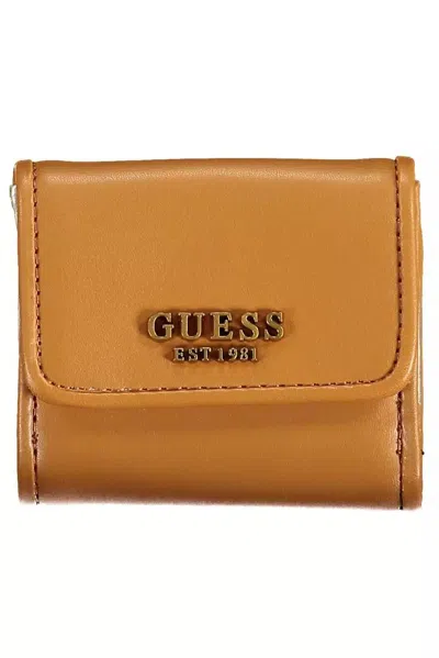 Guess Jeans Chic Brown Snap Wallet With Contrast Detailing In Yellow