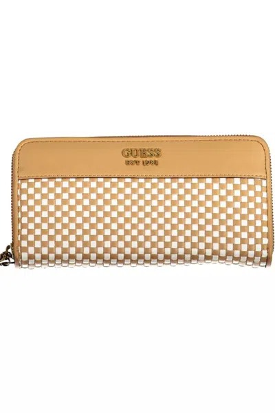 Guess Jeans Chic Contrast Detail Brown Wallet With Logo In Yellow