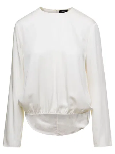 Theory Round Neck Wide Tie Blouse In White