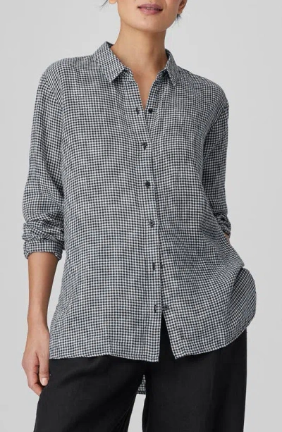 Eileen Fisher Gingham Button-down Organic Linen Shirt In Black/white