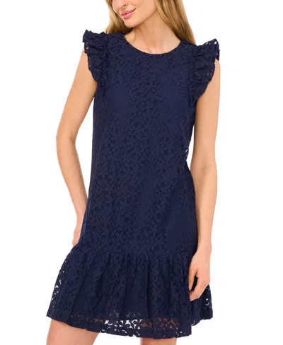 Cece Floral Ruffle Sleeve A-line Dress In Classic Navy