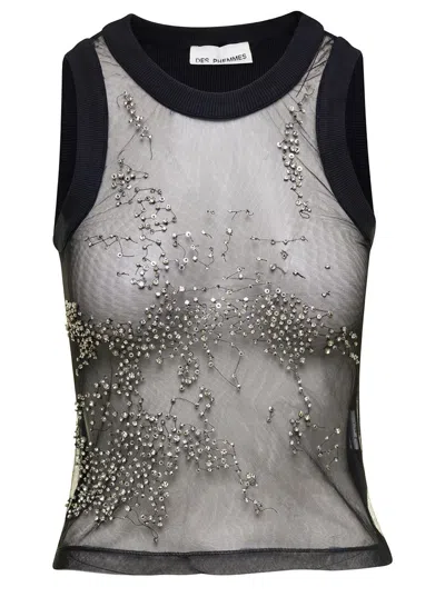 Des_phemmes Black Tank Top With Embroidery And Rhinestones In Semi-sheer Tulle Woman