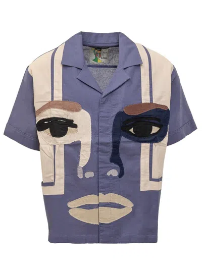 Kidsuper Mens Blue Face Relaxed-fit Cotton And Linen-blend Shirt