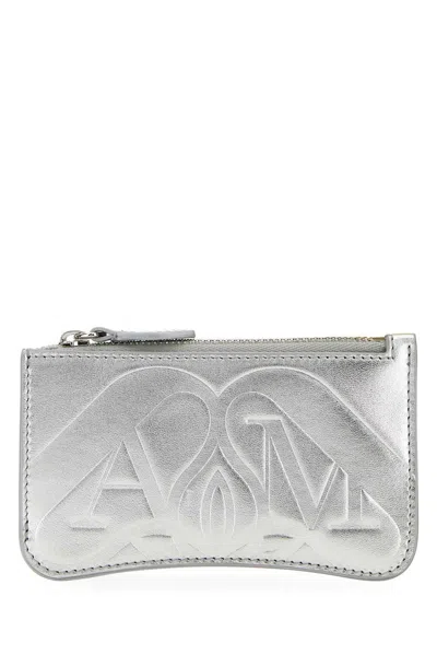 Alexander Mcqueen Logo-debossed Metallic Leather Wallet In Grey