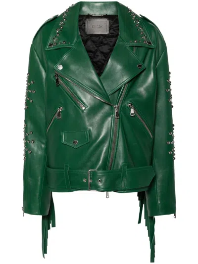 Erdem Studded Fringed Leather Biker Jacket In Green
