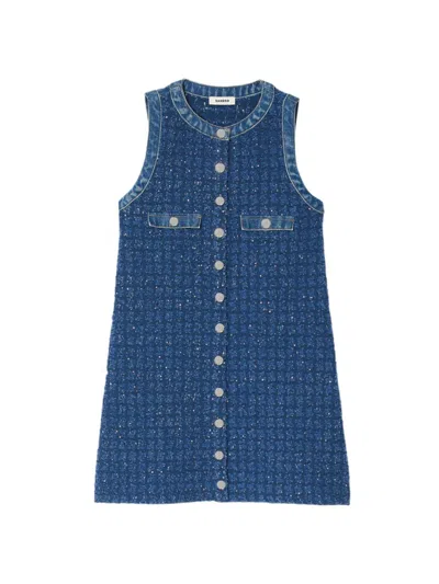 Sandro Womens Bleus Denim-trim Tweed Mini Dress In Blue