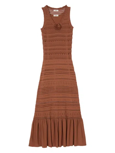 Sandro Crochet-knit Flared Maxi Dress In Brown