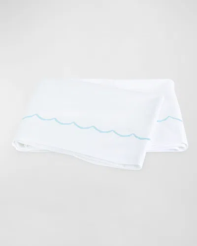 Matouk Scallop Embroidered 350 Thread Count Flat Sheet, Queen In White/lagoon