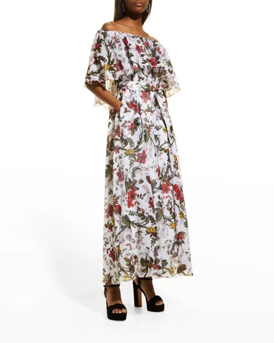 Erdem Algarve Floral-print Off-the-shoulder Ruffle Gown In White Red