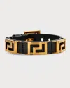 Versace Greca And Leather Buckle Bracelet In Black- Gol