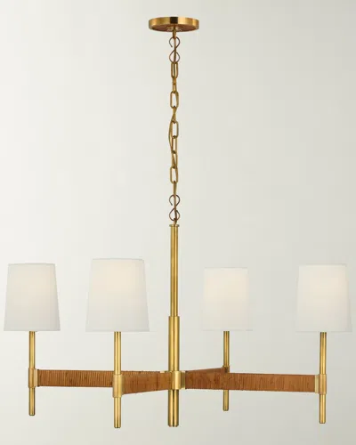 Visual Comfort Signature Elle Large Chandelier In Hand-rubbed Antique Brass And Dark Rattan With Linen Shades By Suzanne Kasl