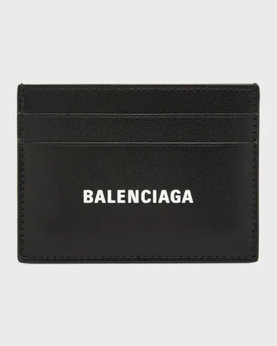 Balenciaga Men's Logo Leather Card Case In 1090 Black/l White