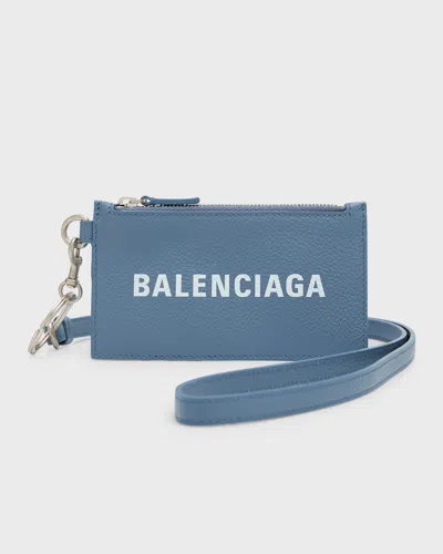Balenciaga Men's Key Ring Leather Logo Card Case In 4791 Blue Grey/l White