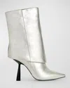 Black Suede Studio Cecille Leather Foldover Stiletto Boots In Silver Metallic Leather