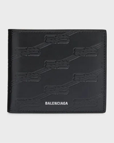 Balenciaga Men's Bb Monogram Embossed Leather Billfold Wallet In 1000 Black