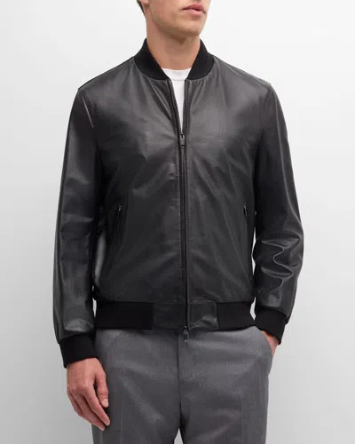 Brioni Men's Perforated Leather Bomber Jacket In Black