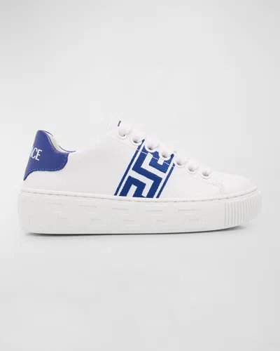 Versace Kids' Greca-detail Leather Trainers In White,blue