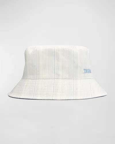 Zegna Men's Reversible Striped Bucket Hat In Medium Blue Stripe