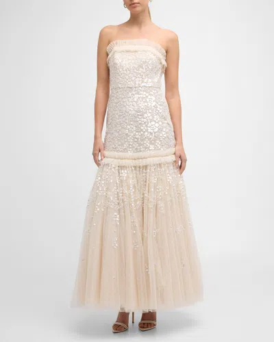 Needle & Thread Regal Rose Strapless Floral Sequin Tulle Gown In White