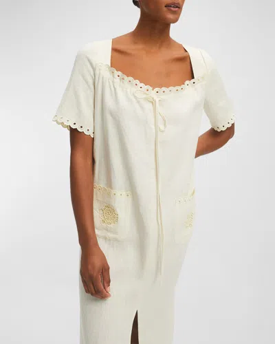 Sleeper Sofia Scalloped Embroidered Linen Midi Dress In White Asparagus