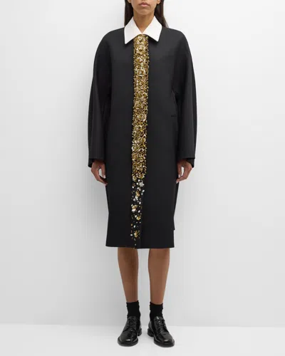 Dries Van Noten Embellished Two-tone Grain De Poudre Coat In Black