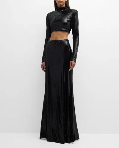 Roberto Cavalli Two-piece Mock-neck Long-sleeve Sequined Gown In Nero