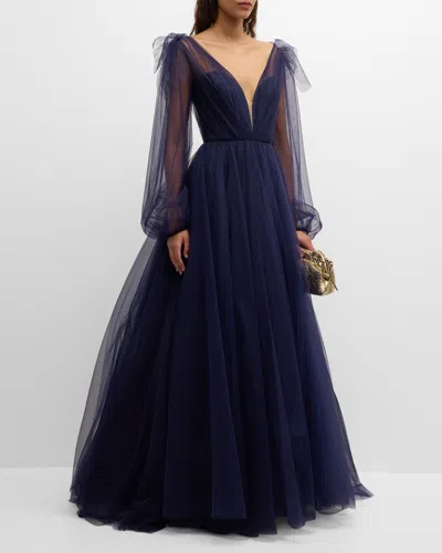 Romona Keveza Plunging Ruffle Long-sleeve Tulle Gown In Indigo