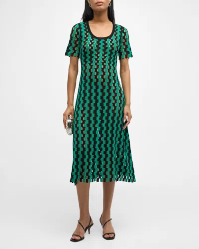 Zankov Helen Wavy Open-knit Short-sleeve Midi Dress In Verdeblack