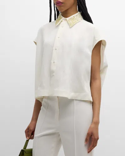Fabiana Filippi Beaded Cap-sleeve Boxy Shirt In Bianco